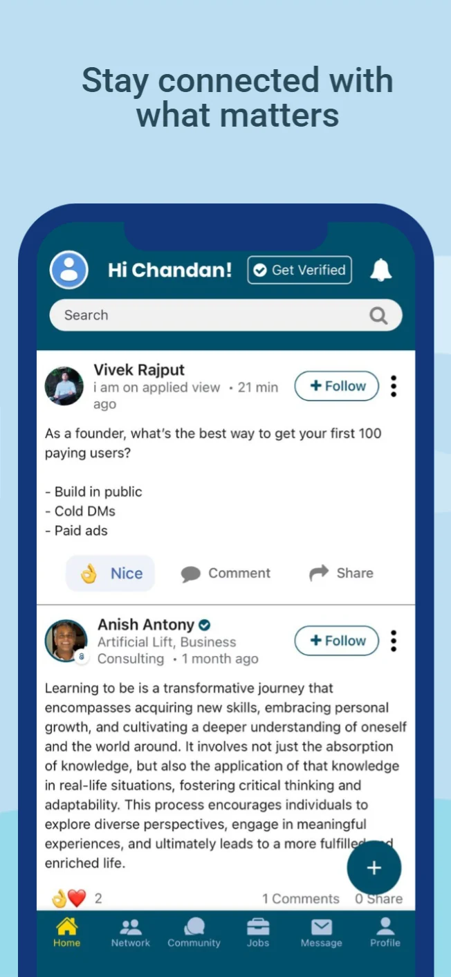 Applied View on iPhone: the home feed, with posts from people in your network