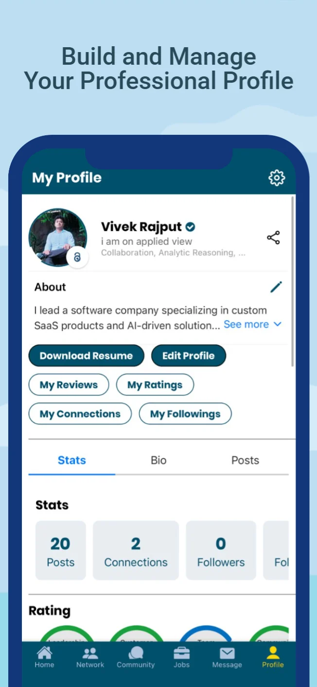 Applied View on iPhone: a profile with reviews, ratings and connections