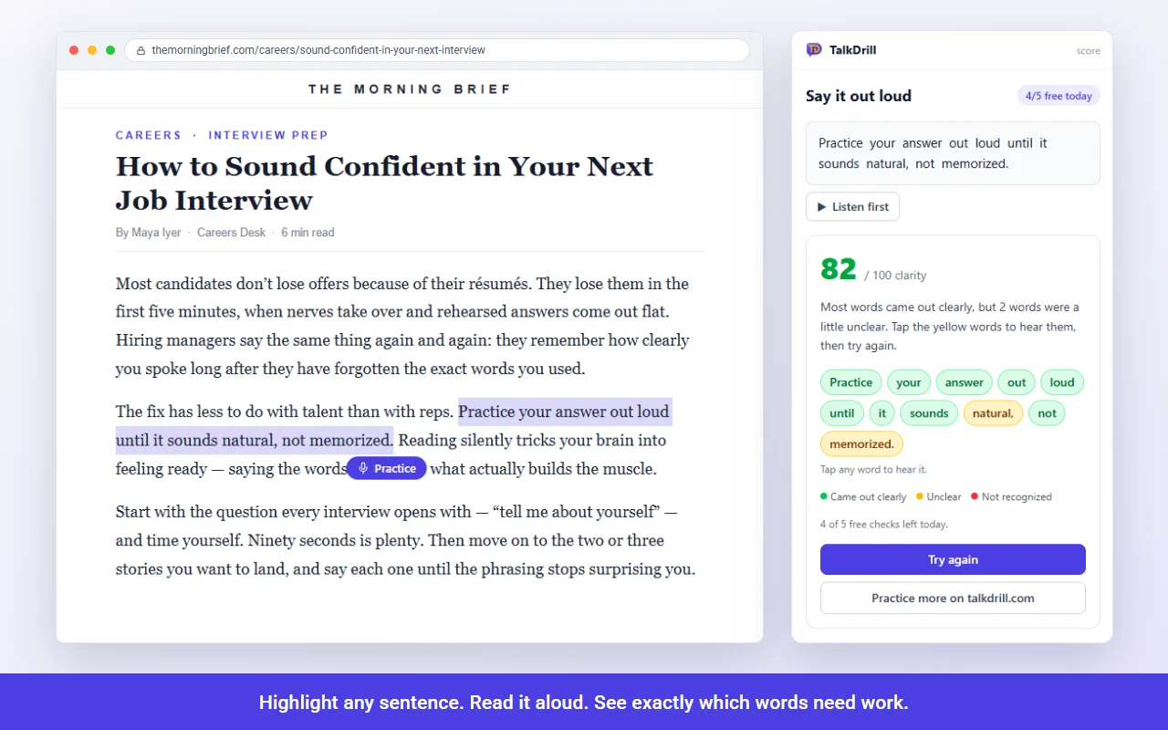 The TalkDrill browser extension scoring a reader’s pronunciation, sentence by sentence, on an article
